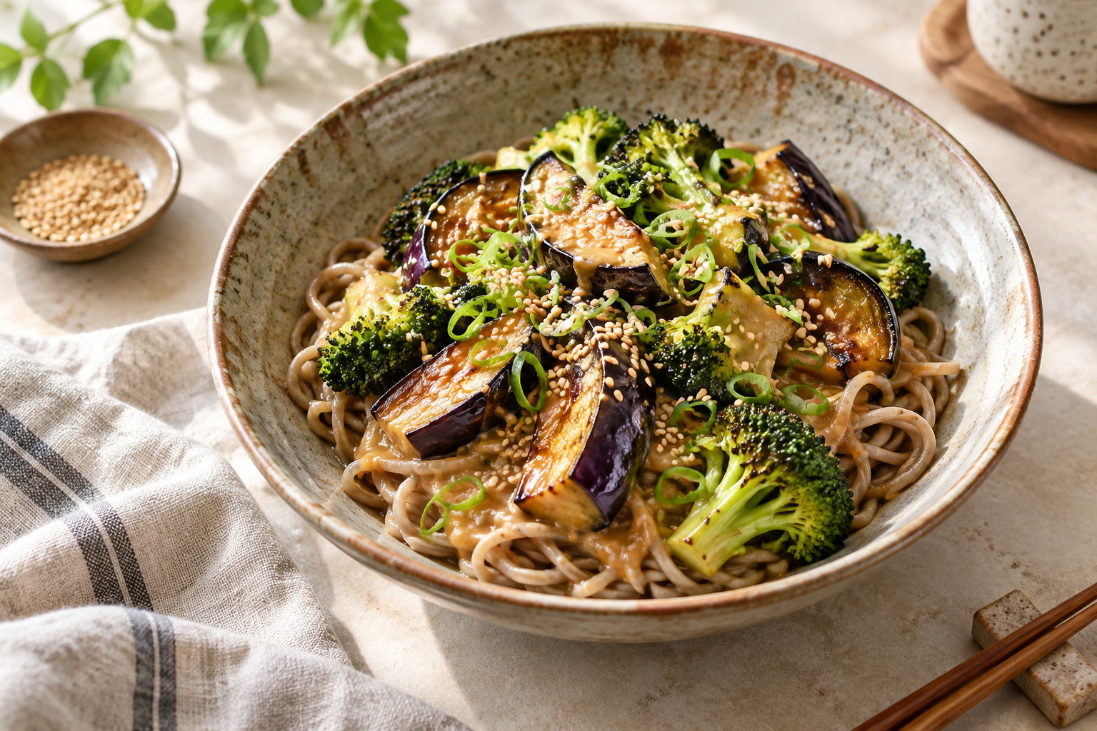 Soba com berinjela, missô e gengibre